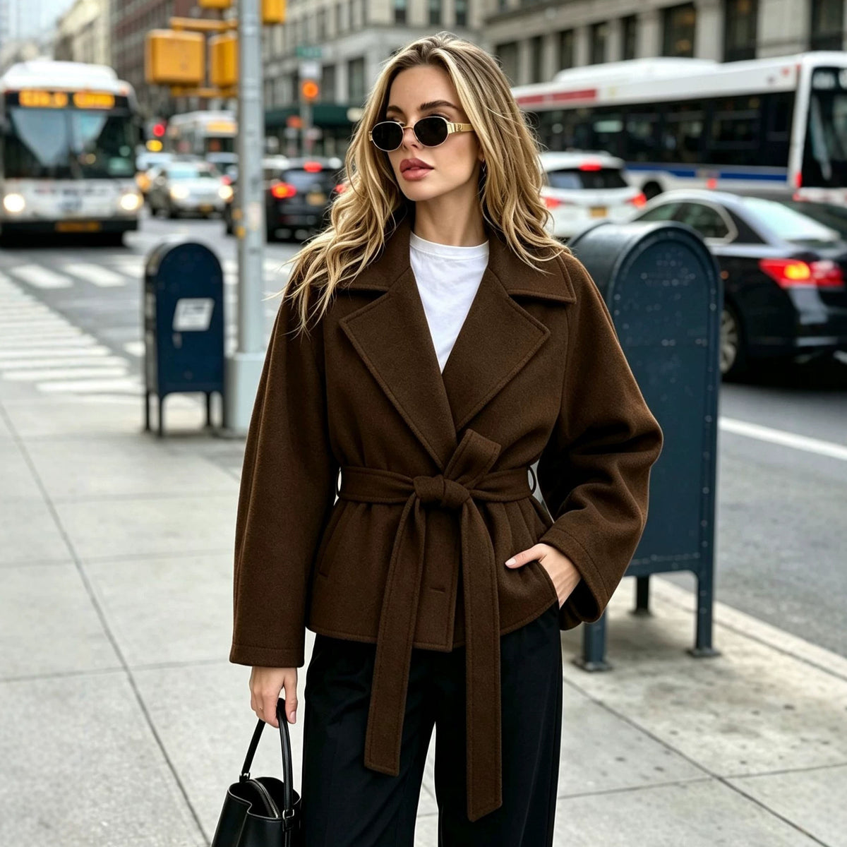 Vintage Wrap Midi Coat with Tie Belt – women's winter coat