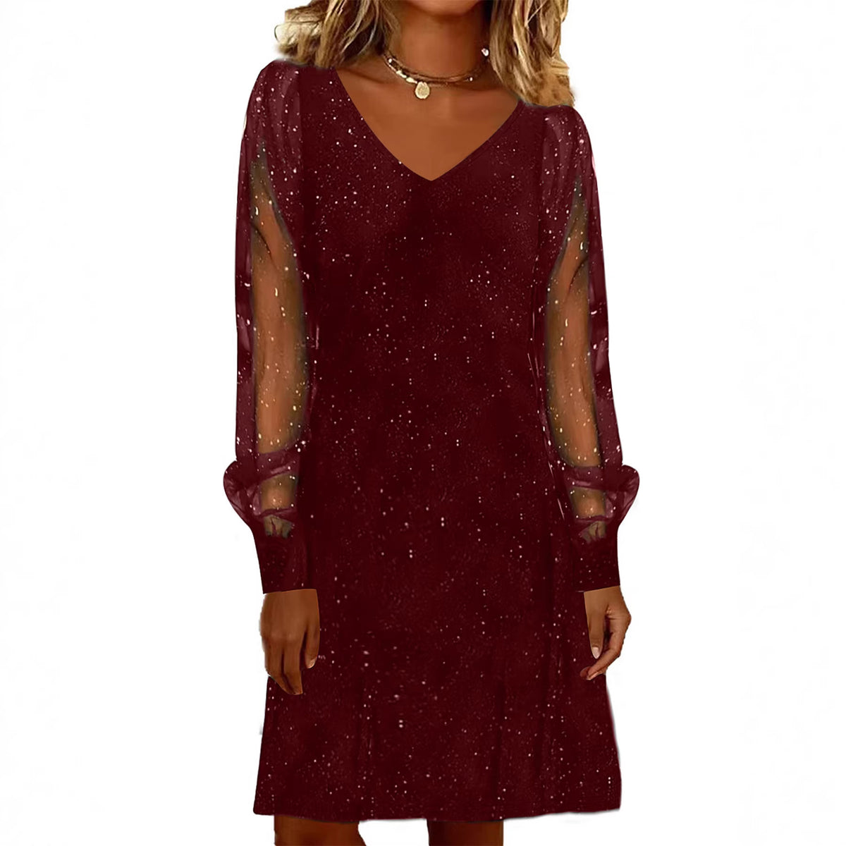 Sparkle Mesh-Sleeve V-Neck Mini Dress – detail view