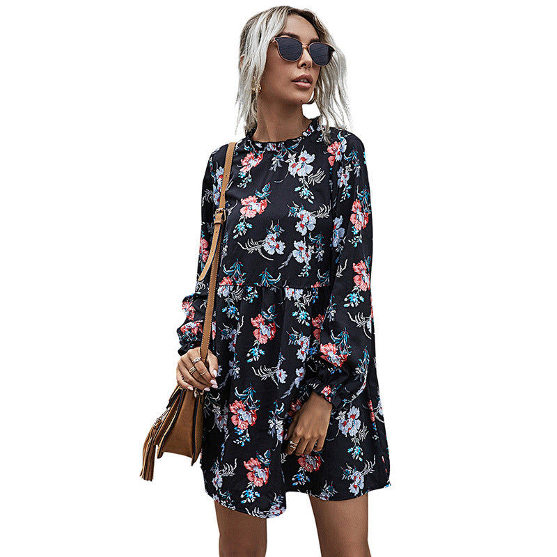 Printed Ruffle-Collar A-Line Dress – detail view
