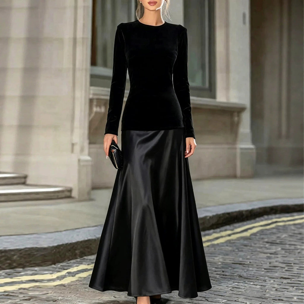 Velvet & Satin Panel Maxi Dress – black evening dress