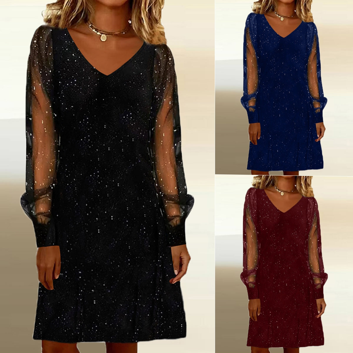 Sparkle Mesh-Sleeve V-Neck Mini Dress