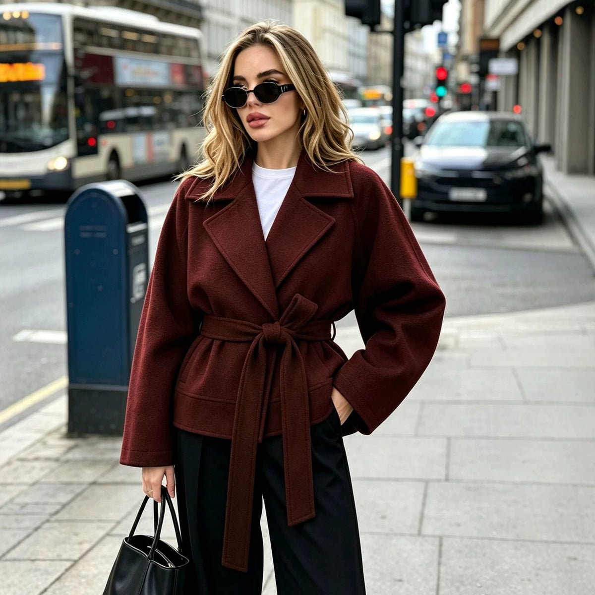 Vintage Wrap Midi Coat with Tie Belt – detail view