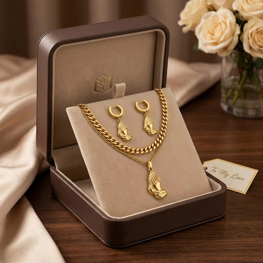 Praying Hands Layered Necklace & Earring Set – gold-tone jewellery