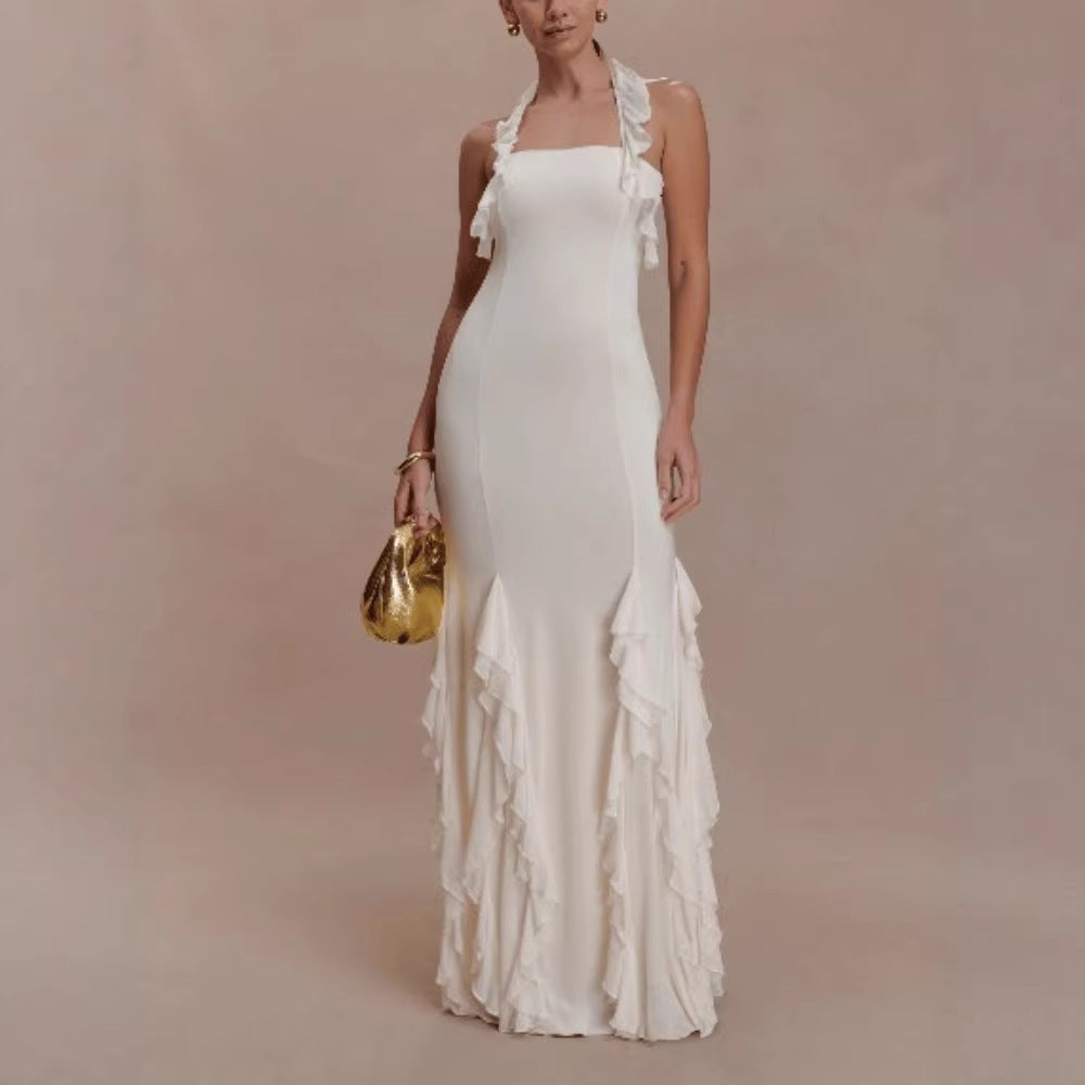 Ruffled Halterneck Backless Party Dress – white maxi dress