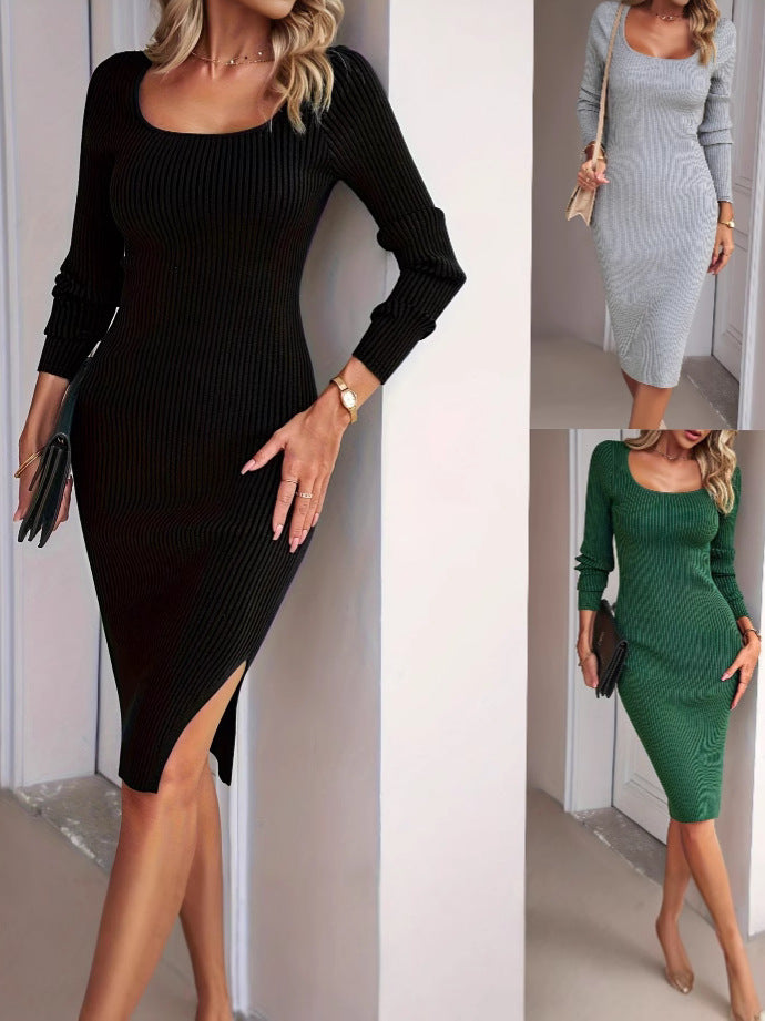 Ribbed Knit Square-Neck Midi Dress