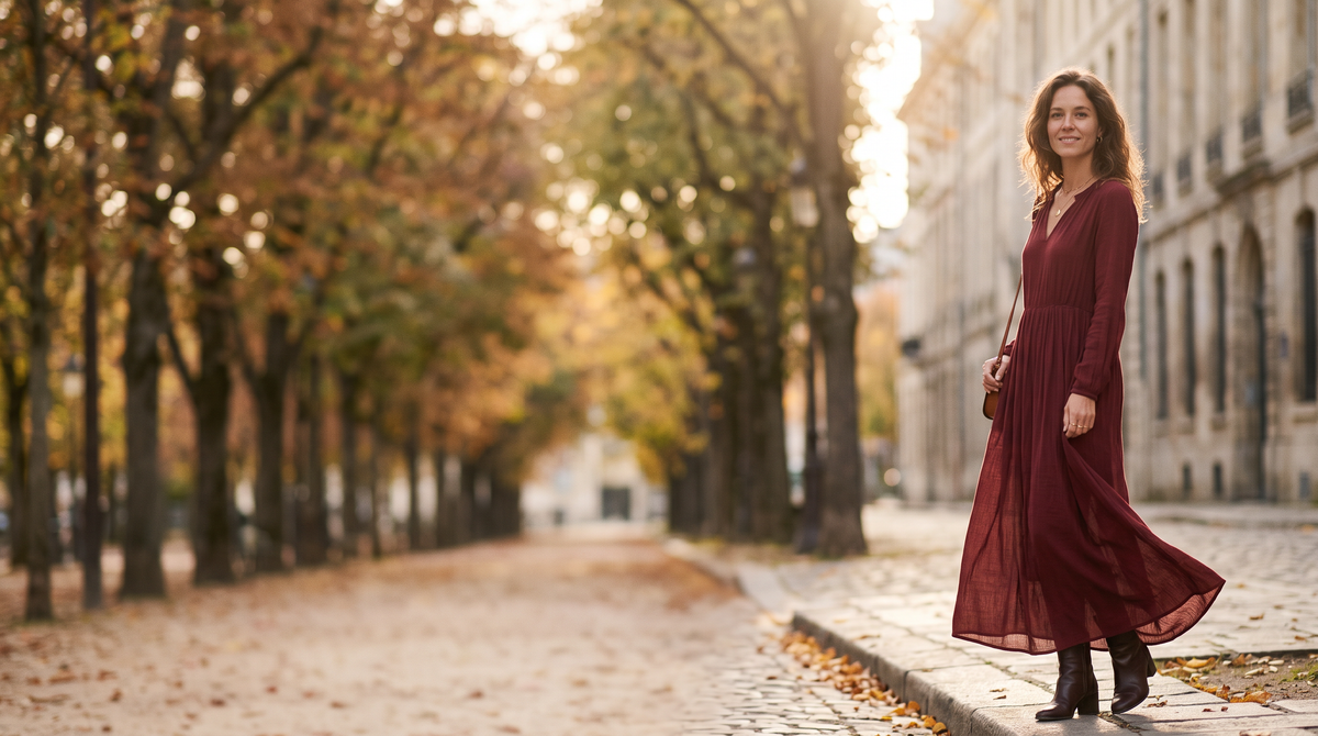 Woman in a wine-red maxi dress on a tree-lined autumn avenue
