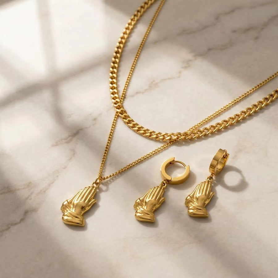 Praying Hands Layered Necklace & Earring Set – detail view